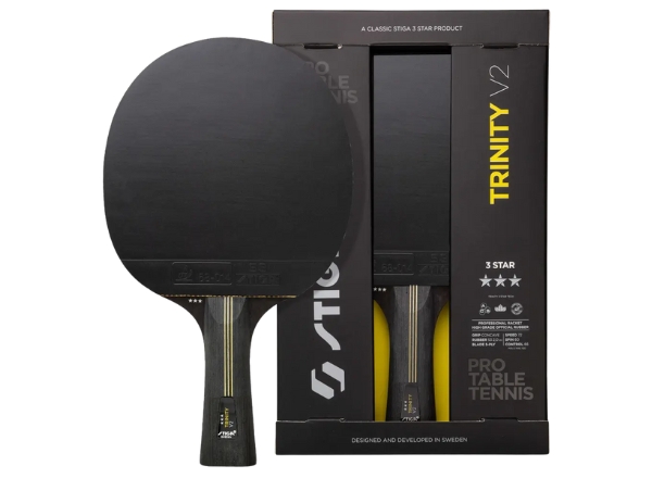 STIGA Table Tennis Bat Trinity 3-Star V2 with ITTF-approved rubber, concave handle, and premium Swedish build for professional performance