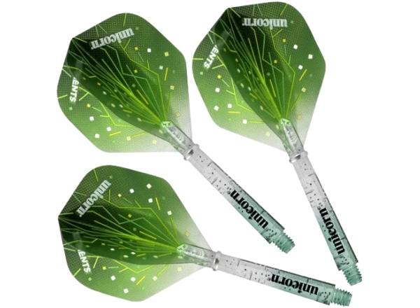 UNICORN Gripper 4 Elements Green/Clear Thunderstorm Combo Flight-Shaft for steel tip darts, engineered for precision, stability, and control, suitable for professional and home players.