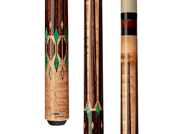 Pure X HXT72 Pool Cue with Golden Birdseye Maple, Cocobolo and Green Malachite inlays, and wrapless handle