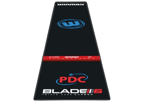 Winmau Pro Zone Precision PVC Dart Mat with Integrated Oche laid out in game room showing full 3m length and raised oche bar